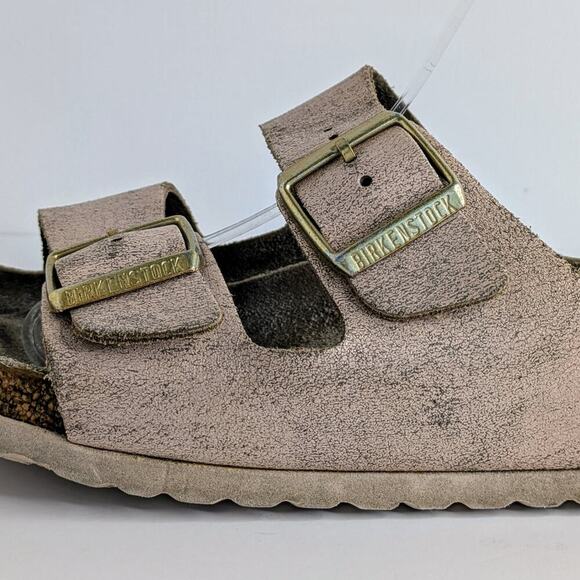 Birkenstock Sandals Arizona EU 40 Pink Gold Flat Slides Leather Open Toe Slip On - Picture 3 of 15